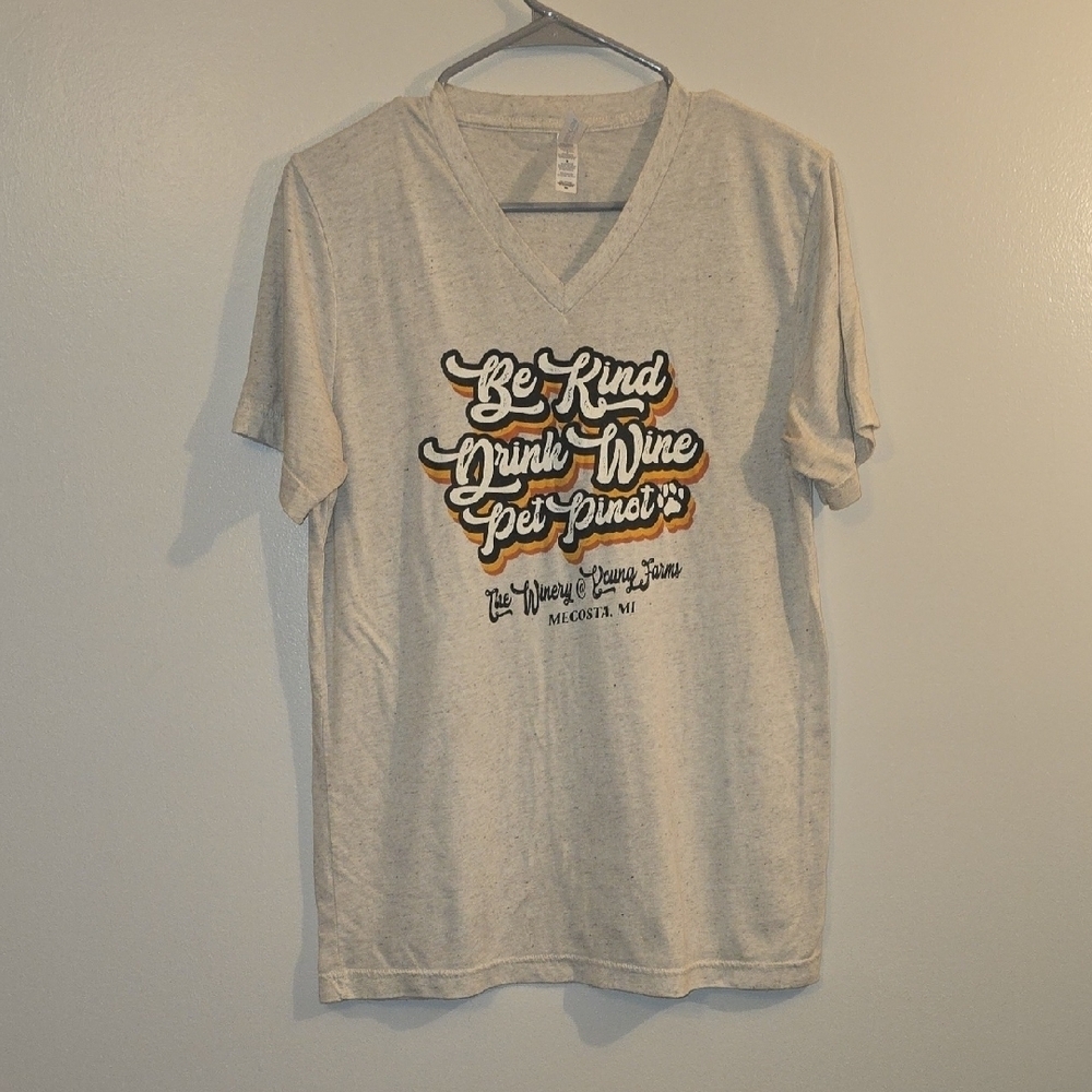Bella Canvas Tan V-Neck Tee "BE KIND, DRINK WINE, PET PINOT" Young Farms LOT R1